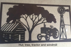 hut, tree, tractor and windmill